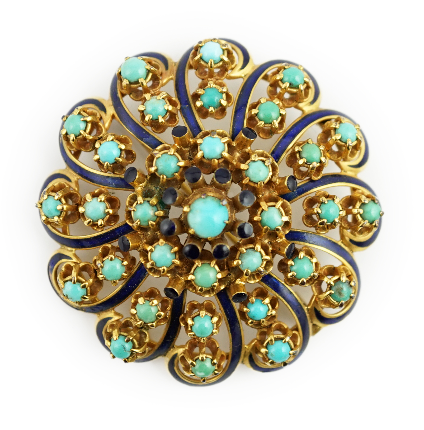 An early to mid 20th century gold, turquoise and blue enamel set whorl pendant brooch